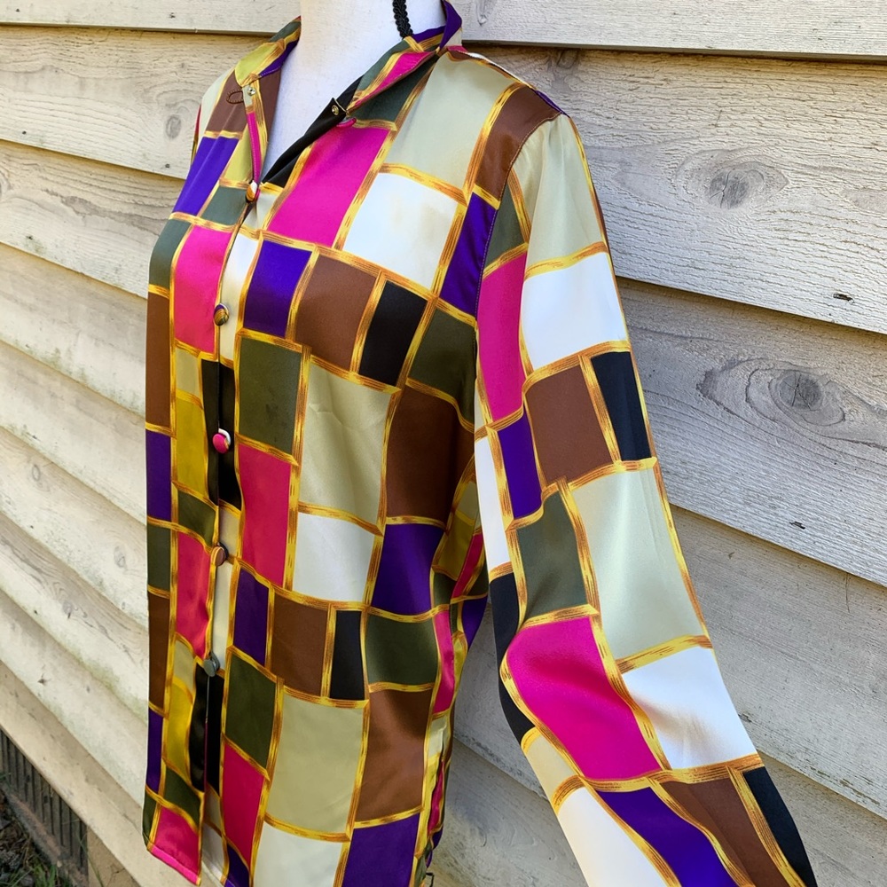 Vintage 80s Gold Geometric Button Down Mod Shirt - Picture 11 of 16